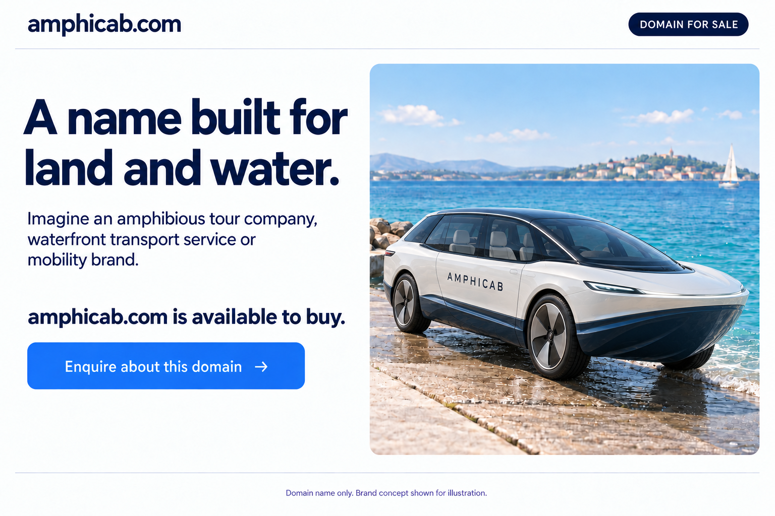 An imagined pearl-white electric amphibious cab with Amphicab branding at the water’s edge.